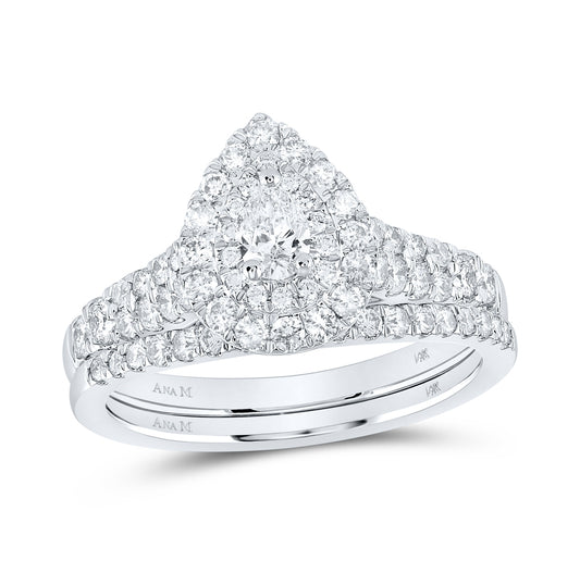 14K White Gold Pear Dia. Halo Bridal Wedding Ring Band Set 1ctw, Women's Size: 5-10