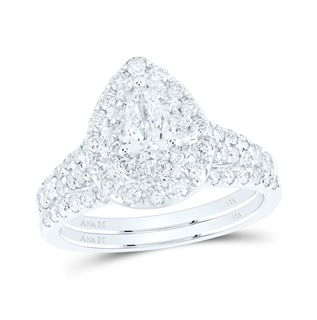 14K White Gold Pear Dia. Halo Bridal Wedding Band Set 1-1/2ctw, Women's Size: 5-10