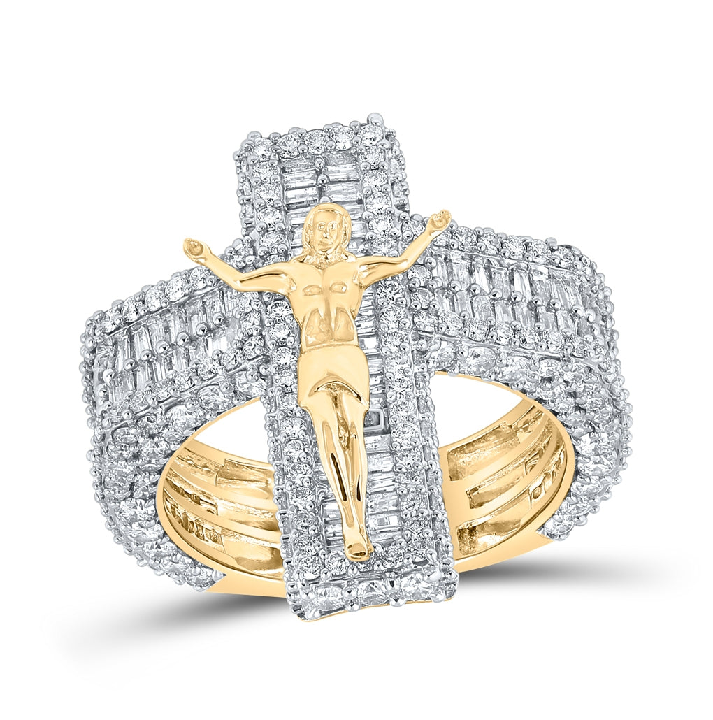 10K Yellow Gold Mens Baguette Diamond Jesus Cross Ring 4-1/2 Cttw, Mens Size: 7-13