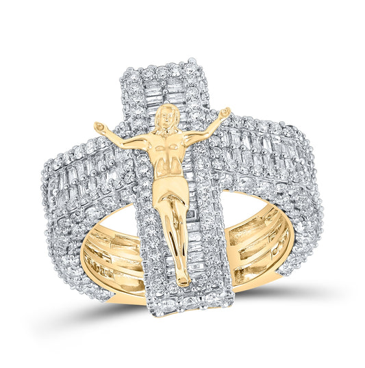 10K Yellow Gold Mens Baguette Diamond Jesus Cross Ring 4-1/2 Cttw, Mens Size: 7-13
