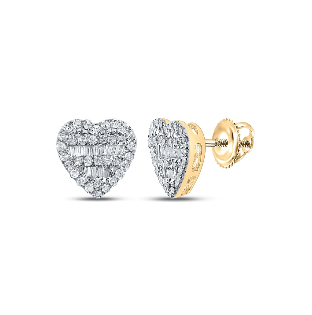 10K Yellow Or Rose Gold Womens Baguette Diamond Heart Earrings