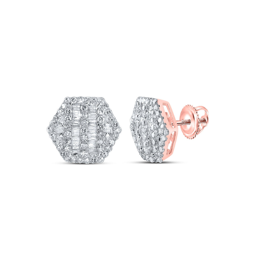 10K Yellow Or Rose Gold Womens Baguette Diamond Hexagon Earrings