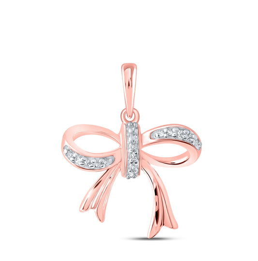 10K Rose Gold Womens Round Diamond Ribbon Bow Fashion Pendant 1/20 Cttw, Length: 0.75 In, Width: 0.61 In