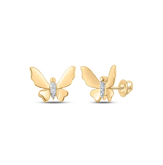 10K Yellow Gold Womens Round Diamond Butterfly Earrings .03 Cttw