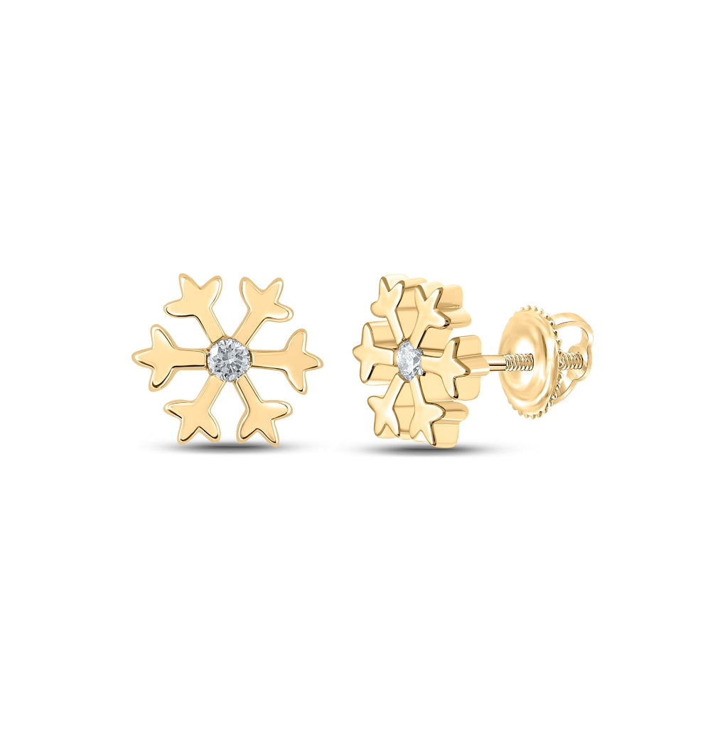 10K Yellow Gold Womens Round Diamond Snowflake Fashion Earrings 1/20 Cttw