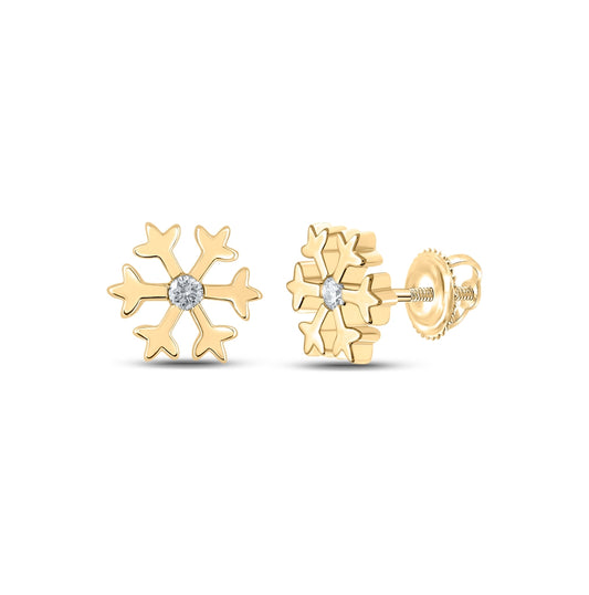10K Yellow Gold Womens Round Diamond Snowflake Fashion Earrings 1/20 Cttw