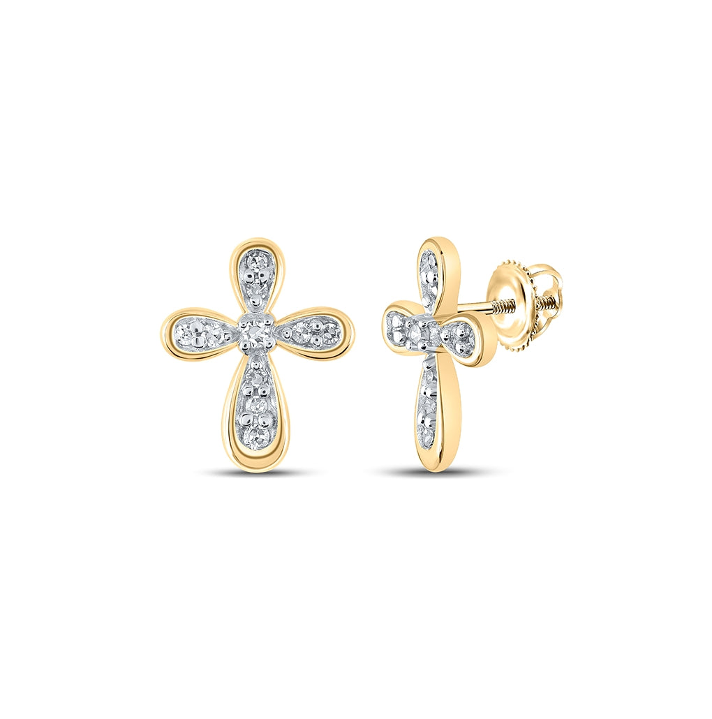 10K Yellow Gold Womens Round Diamond Cross Earrings 1/8 Cttw