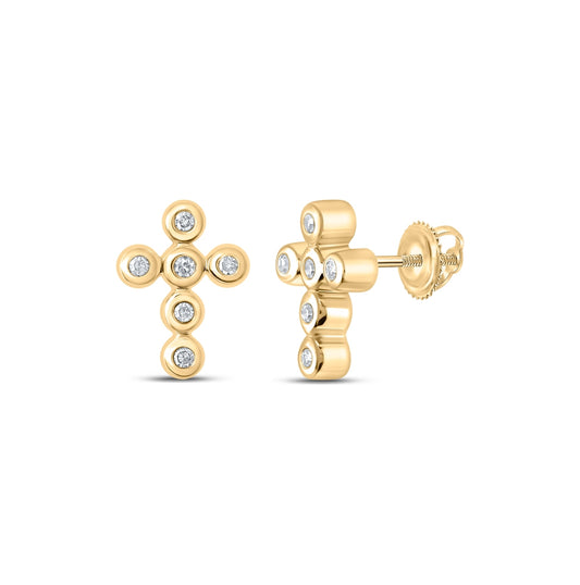 10K Yellow Gold Womens Round Diamond Cross Earrings 1/10ctw