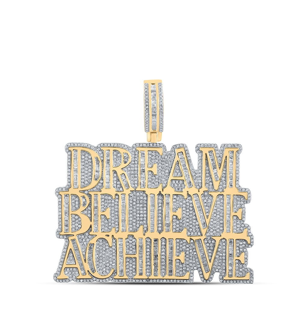10K Yellow Gold Mens Baguette Diamond Dream Believe Achieve Phrase Charm Pendant 4-1/2 Cttw