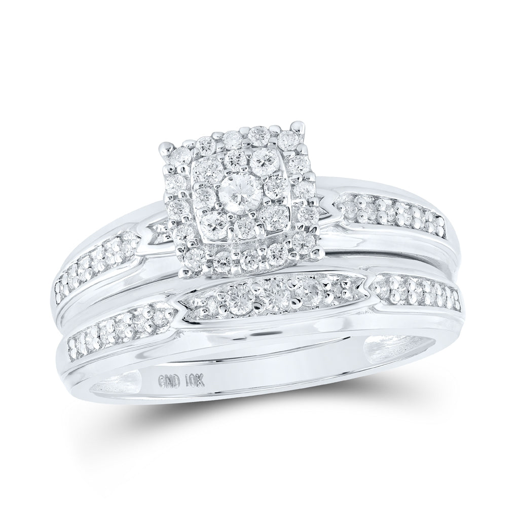 10K White Gold His Hers Round Dia. Square Matching Wedding Set 1/2ctw, Women's Size: 5-10, Mens Size: 7-13