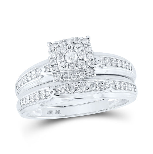 10K White Gold His Hers Round Dia. Square Matching Wedding Set 1/2ctw, Women's Size: 5-10, Mens Size: 7-13