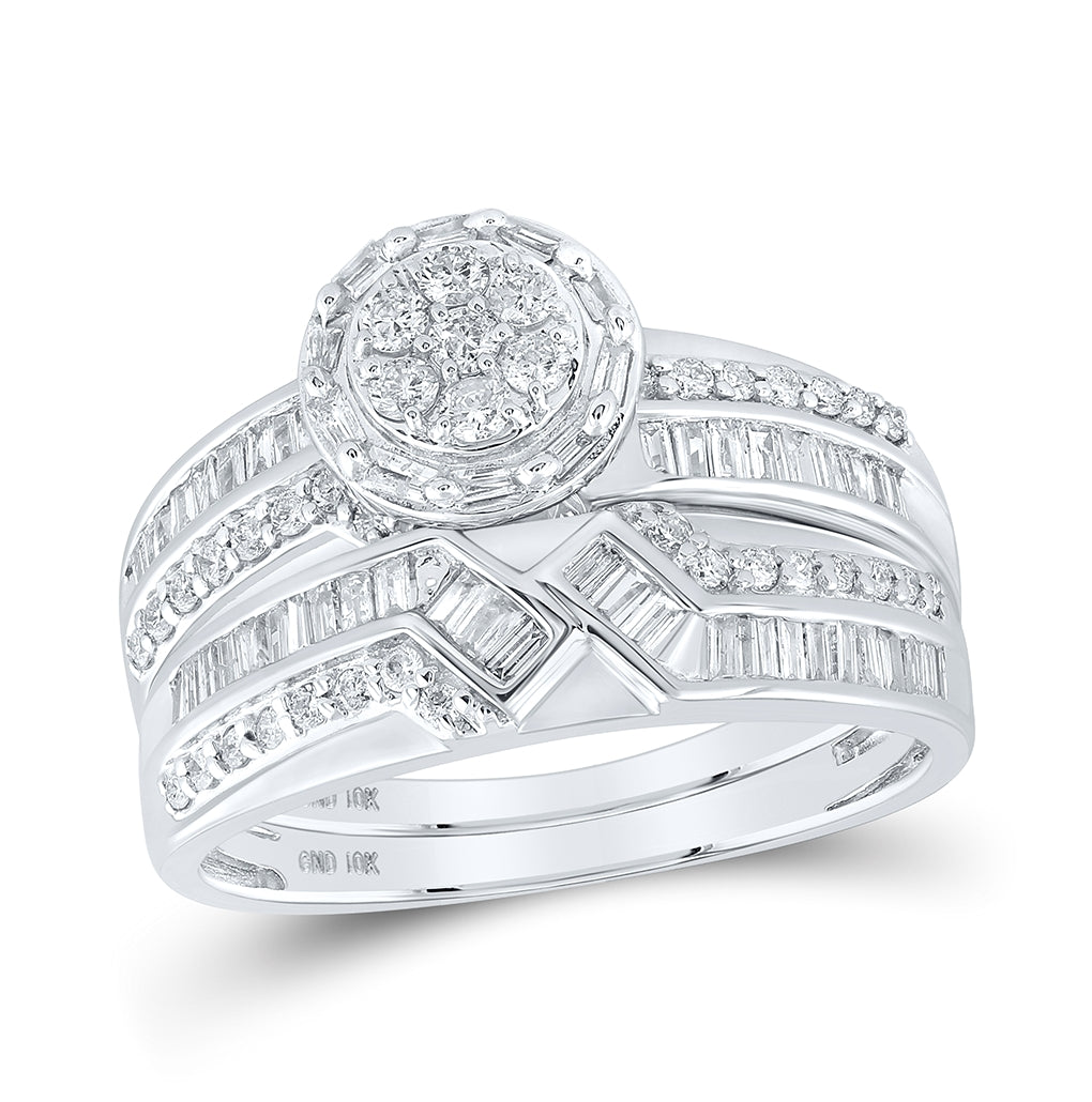 10K White Gold His Hers Round Diamond Cluster Matching Wedding Set , Womens Size: 5-10, Mens Size: 7-13