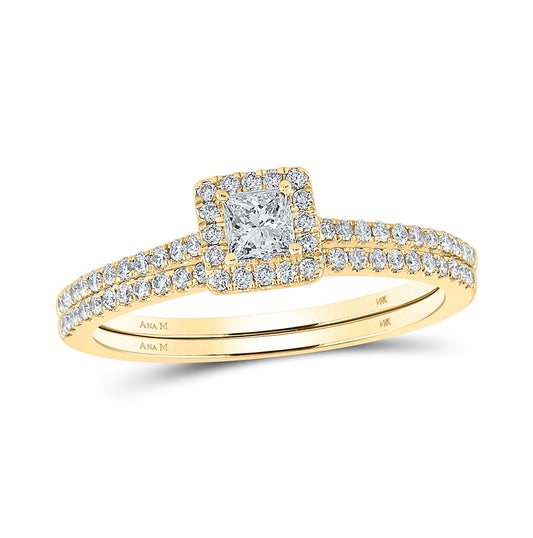 14K Yellow Gold Princess Diamond Halo Bridal Wedding Ring Band Set 1/2 Cttw, Womens Size: 5-10