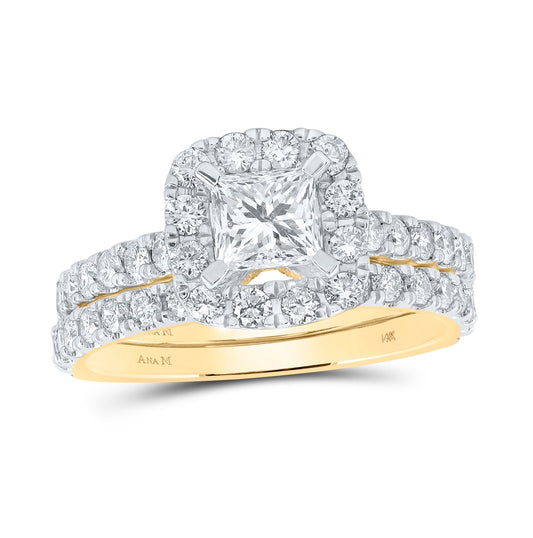 14K White Or Yellow Gold Princess Diamond Halo Bridal Wedding Ring Band Set, Womens Size: 5-10
