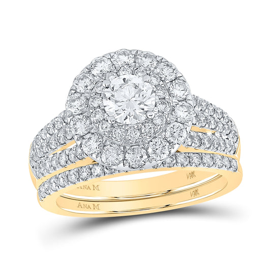 14K Yellow Or Two-Tone Gold Round Diamond Halo Bridal Wedding Ring Band Set , Womens Size: 5-10