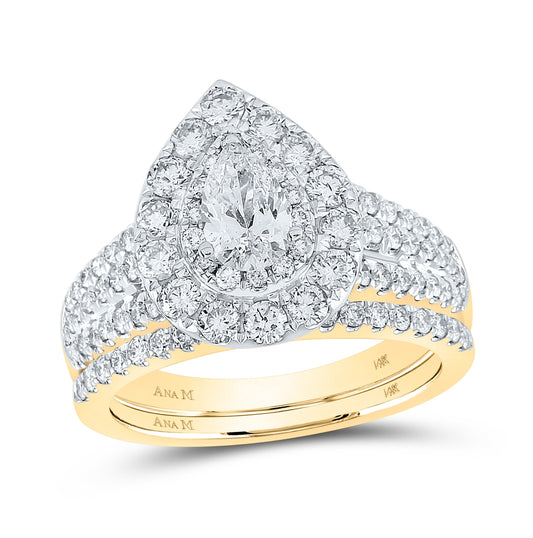 14K Yellow Gold Pear Diamond Halo Bridal Wedding Ring Band Set 2 Cttw, Womens Size: 5-10
