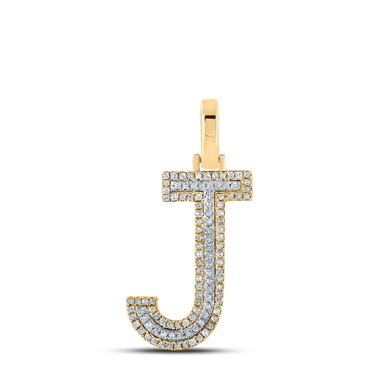 10K Two-tone Gold Mens Round Diamond J Initial Letter Pendant 1/4 Cttw, Length: 1.19 In, Width: 0.61 In