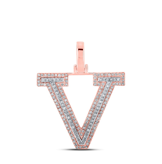 10K Two-tone Gold Mens Round Diamond V Initial Letter Pendant 3/8 Cttw, Length: 1.19 In, Width: 0.61 In