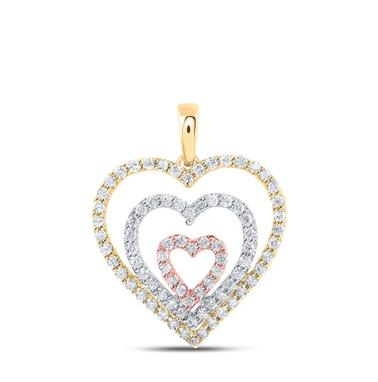 10K Tri-Tone Gold Womens Round Diamond Triple Nested Heart Pendant 1/2 Cttw