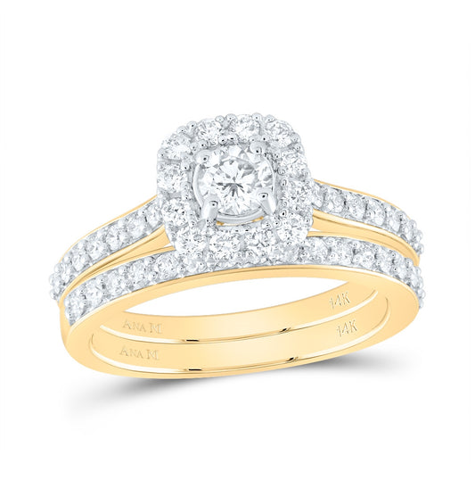 14K Yellow Gold Round Dia. Halo Bridal Wedding Band Set 1ctw, Women's Size: 5-10