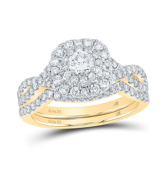 14K Yellow Gold Round Diamond Halo Bridal Wedding Band Set 1ctw, Womens Sizez: 5-10