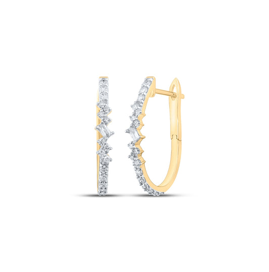 10K Yellow Gold Womens Baguette Diamond Hoop Earrings 3/8 Cttw