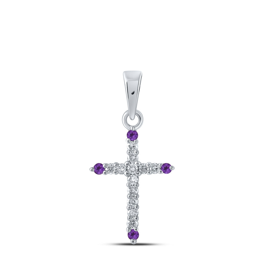 10kt White Gold 1/10ctw Diamond Nk 1/20ct Amethyst Lab Created Cross Pendant
