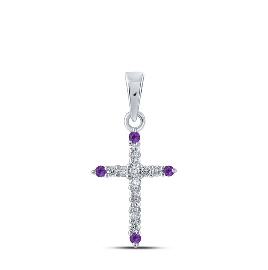 10kt White Gold 1/10ctw Diamond Nk 1/20ct Amethyst Lab Created Cross Pendant