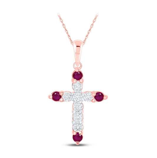 10K Rose Gold Womens Round Ruby Diamond Cross Pendant 1/4 Cttw, Length: 0.87 In, Width: 0.46 In