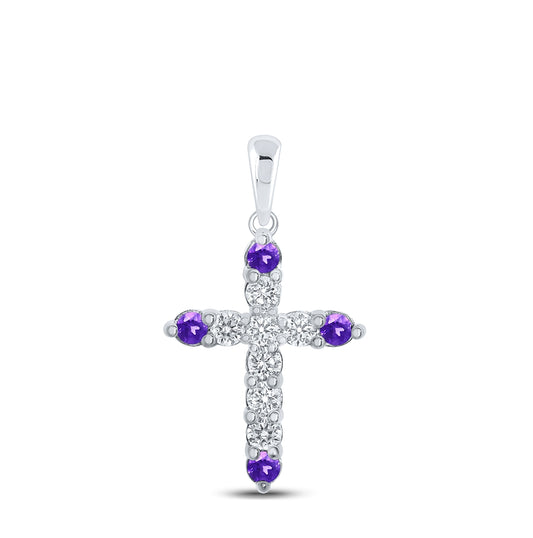 10K White Gold Womens Round Synthetic Amethyst Diamond Cross Pendant 1/4 Cttw
