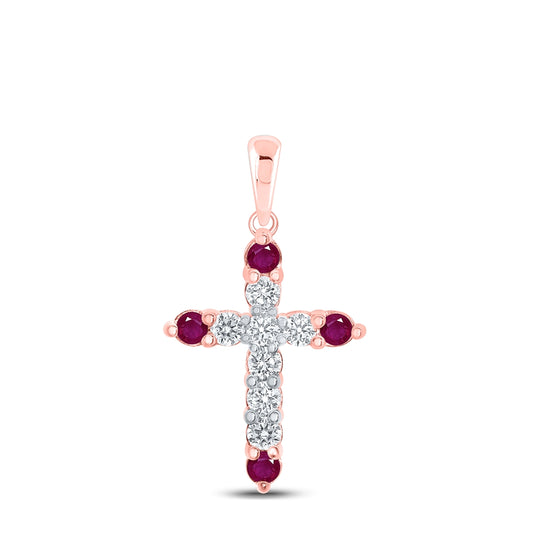 10K Rose Gold Womens Round Ruby Diamond Cross Pendant 1/2 Cttw