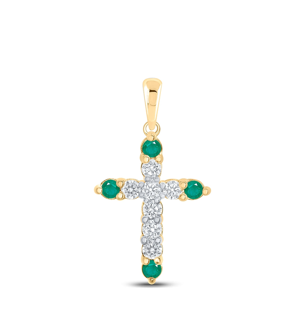 10K Yellow Gold Womens Round Emerald Diamond Cross Pendant 3/8 Cttw