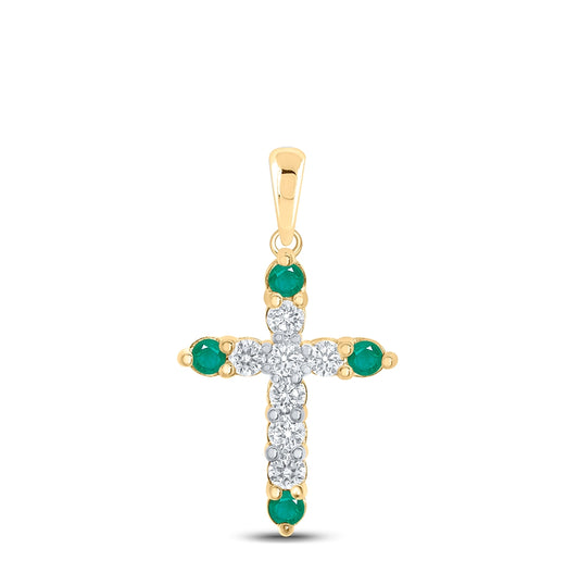 10K Yellow Gold Womens Round Emerald Diamond Cross Pendant 3/8 Cttw