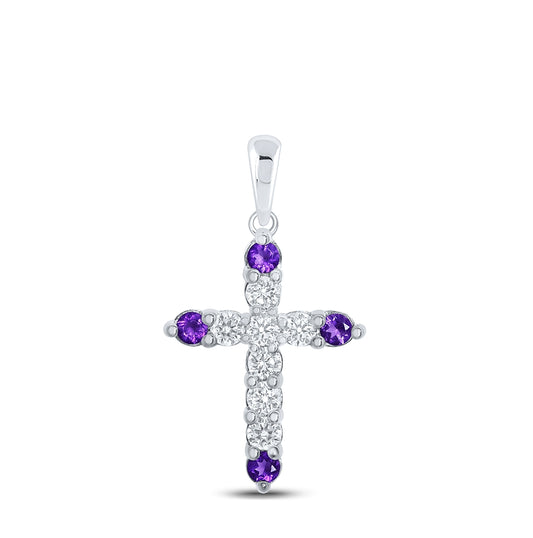 10K White Gold Womens Round Synthetic Amethyst Diamond Cross Pendant 1 Cttw