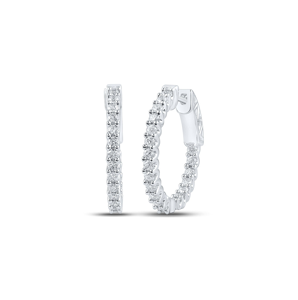 10K White Gold Womens Round Diamond Inside Outside Hoop Earrings 1 Cttw