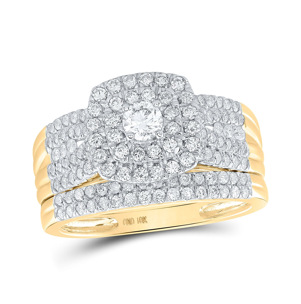 10K Yellow Gold Round Diamond Square Bridal Wedding Ring Band Set 1 Cttw, Womens Size: 5-10
