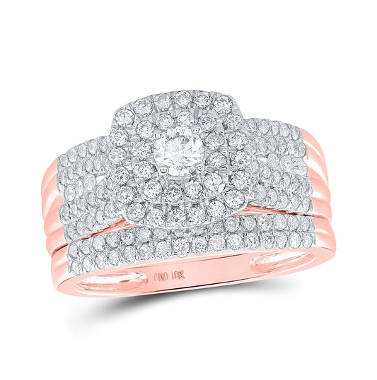 10K Rose Gold Round Diamond Square Bridal Wedding Ring Band Set 1 Cttw, Womens Size: 5-10