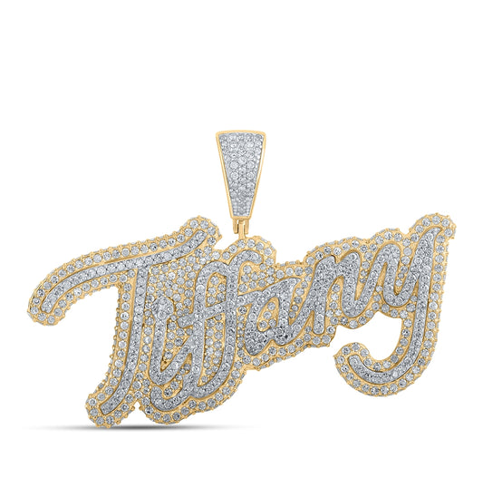 10K Two-tone Gold Womens Round Diamond Tiffany Name Pendant 2-5/8 Cttw, Length: 1.42 In, Width: 2.03 In