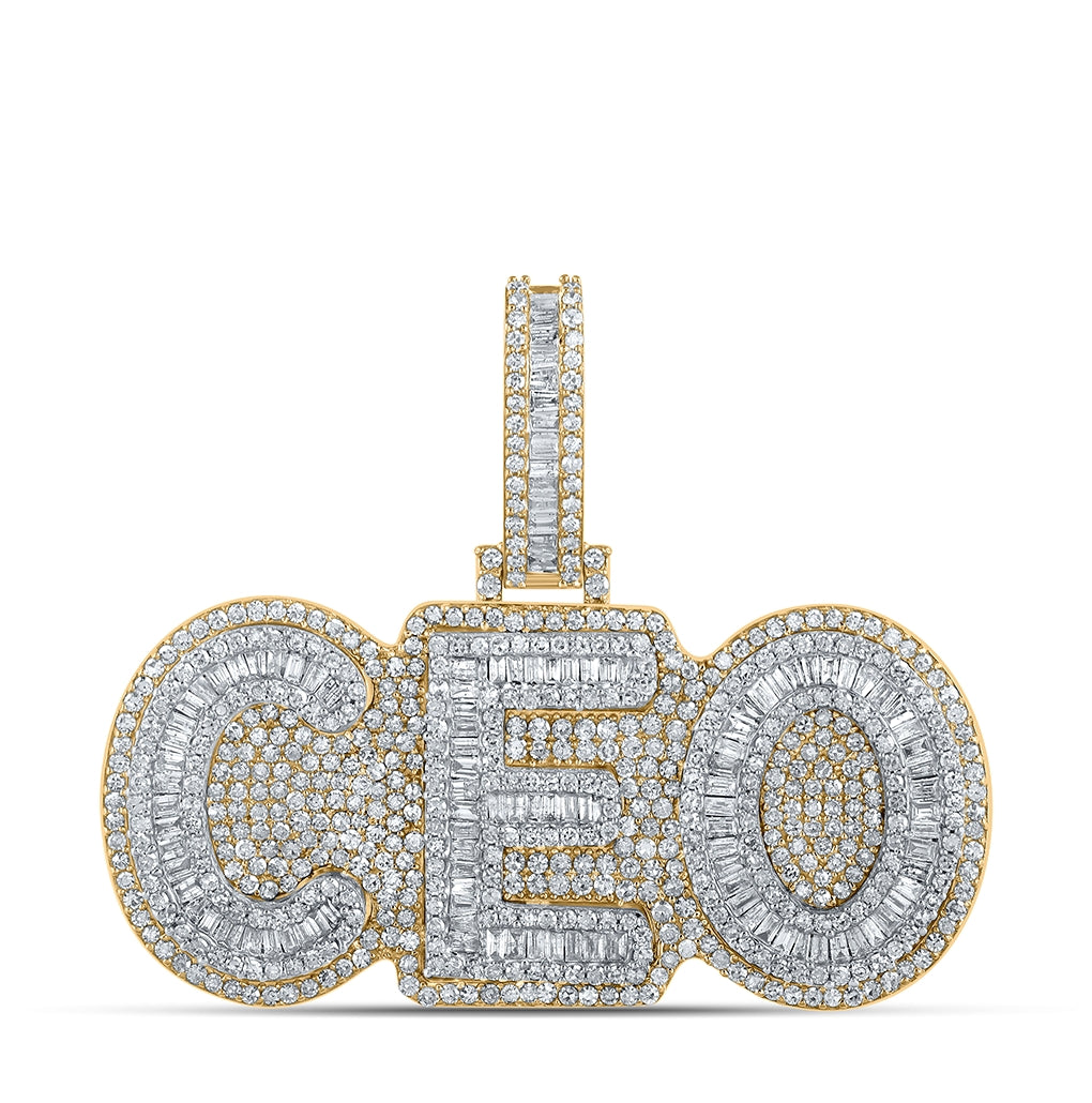 10K Two-tone Gold Mens Baguette Diamond CEO Phrase Charm Pendant 2-1/3 Cttw, Length: 1.34 In, Width: 1.63 In