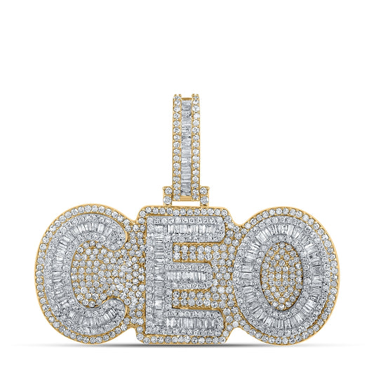 10K Two-tone Gold Mens Baguette Diamond CEO Phrase Charm Pendant 2-1/3 Cttw, Length: 1.34 In, Width: 1.63 In