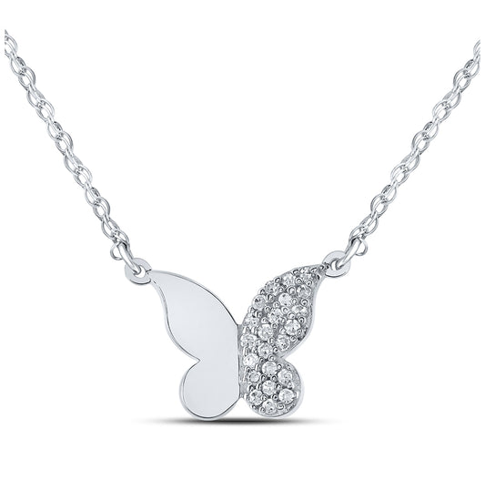 10K White Gold Womens Round Diamond Butterfly Necklace 1/8 Cttw, Length: 0.48 In, Width: 0.4 In