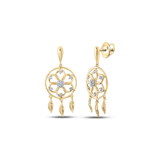 10K Yellow Or White Or Rose Gold Womens Round Diamond Dream Catcher Dangle Earrings