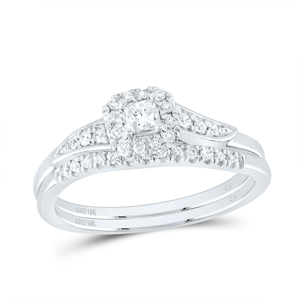10K White Gold Princess Diamond Halo Bridal Wedding Ring Band Set 1/3 Cttw, Womens Size: 5-10