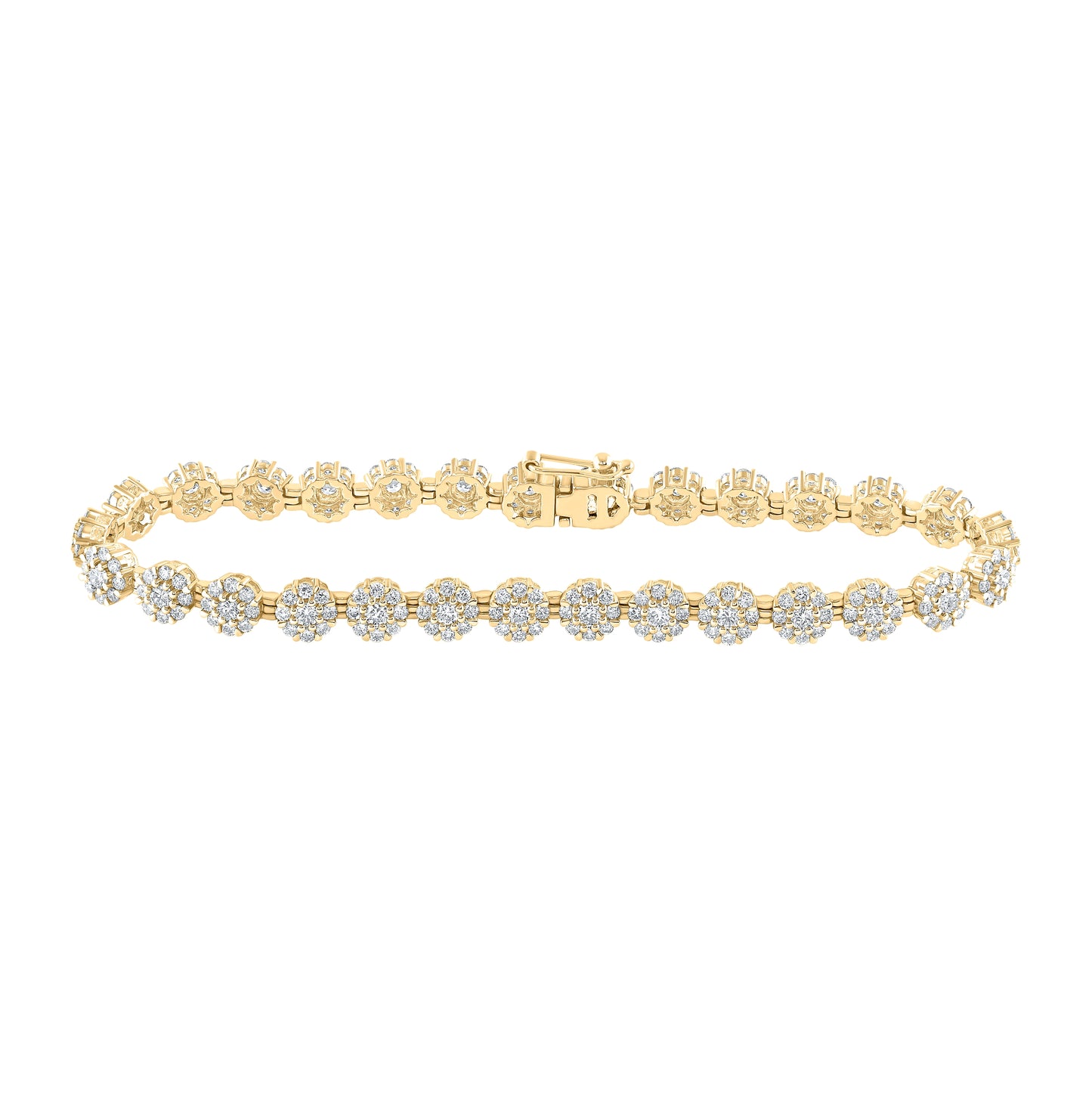 10K Yellow Gold Womens Round Diamond Flower Cluster Link Bracelet 3-7/8 Cttw