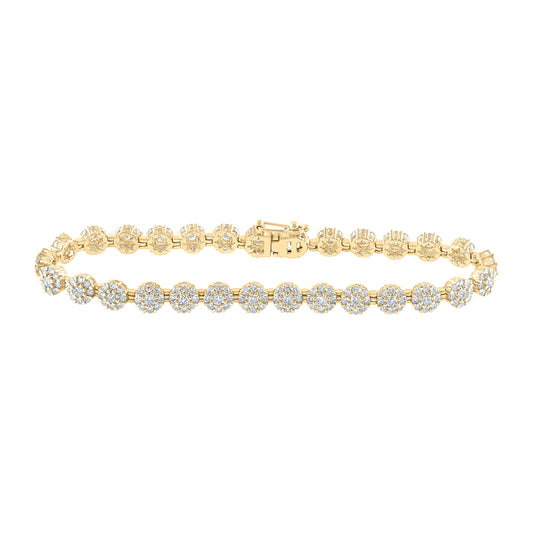 10K Yellow Gold Womens Round Diamond Flower Cluster Link Bracelet 3-7/8 Cttw