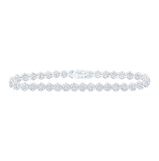 10K White Gold Womens Round Diamond Cluster Link Fashion Bracelet 4-3/8 Cttw