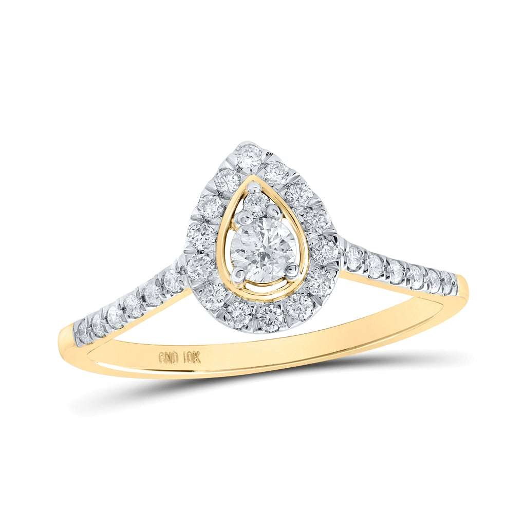 10K Yellow Gold Womens Round Diamond Pear-shape Halo Ring 1/3 Cttw, Womens Size: 5-10