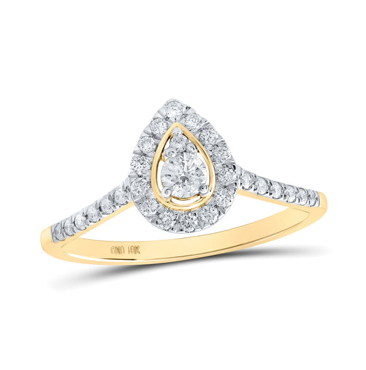 10K Yellow Gold Womens Round Diamond Pear-shape Halo Ring 1/3 Cttw, Womens Size: 5-10