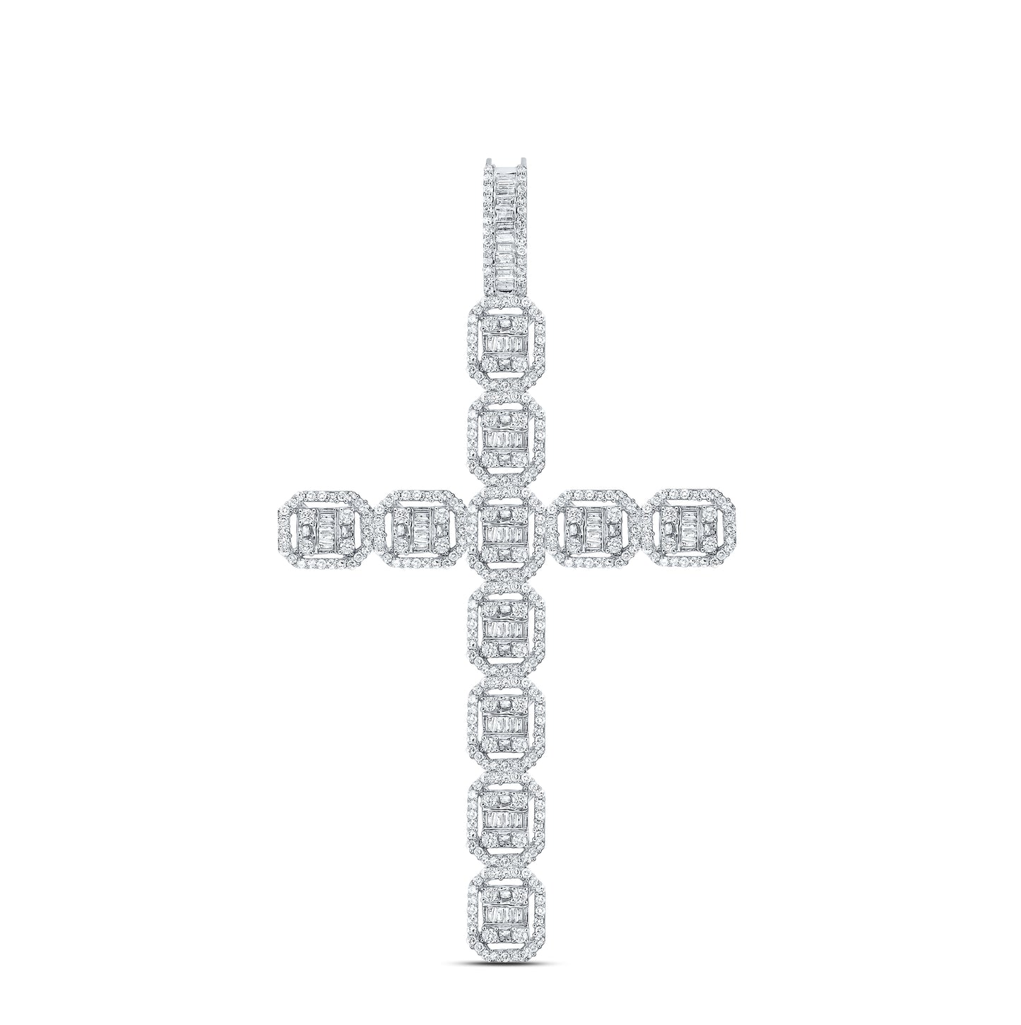 10K White Gold Mens Baguette Diamond Cross Charm Pendant 2-1/3 Cttw, Length: 2.87 In, Width: 1.66 In