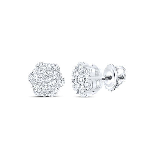 Sterling Silver Womens Round Diamond Cluster Earrings 1/10ctw, Length: 0.26 Inch Width: 0.26 Inch